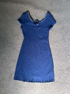 Art Class Girls Ribbed Knit Navy Blue Dress with Lace Trim and Bow
